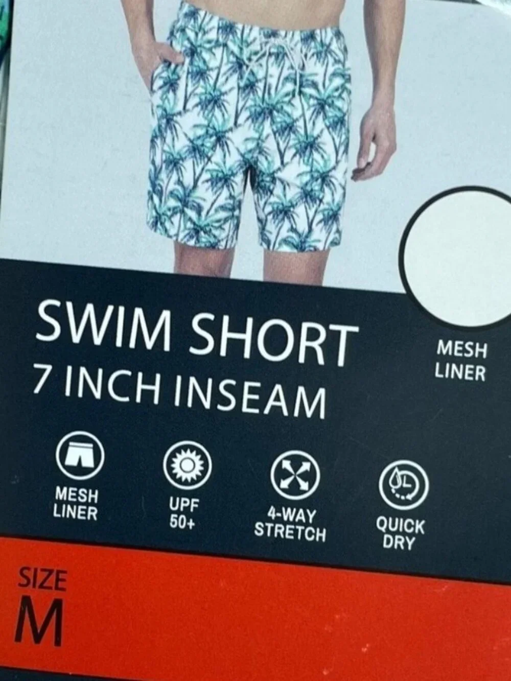 NWT Bonobos Men's M Green 7-Inch Inseam Swim Shorts Palm Tree Print Mesh Liner